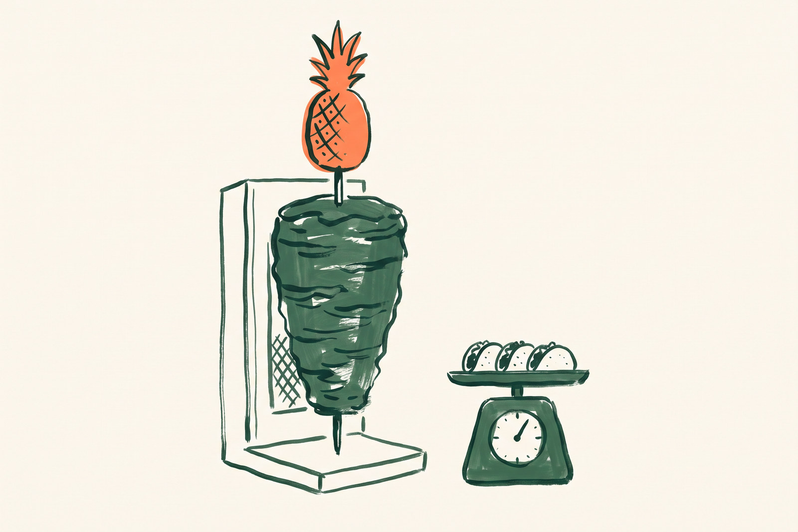 Un trompo de carne al pastor con su piña encima, dibujado como una torre, y al lado una báscula de cocina con tres taquitos