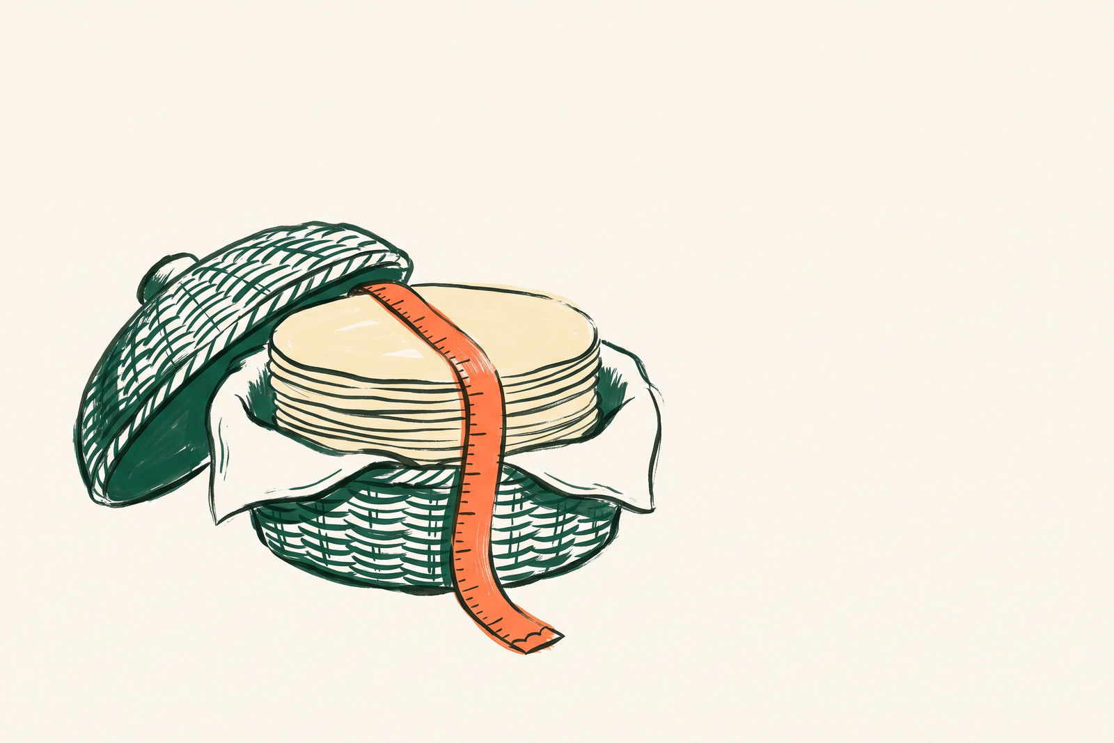 Un tortillero de tela con la tapa levantada y una cinta métrica rodeando la pila de tortillas como un cinturón