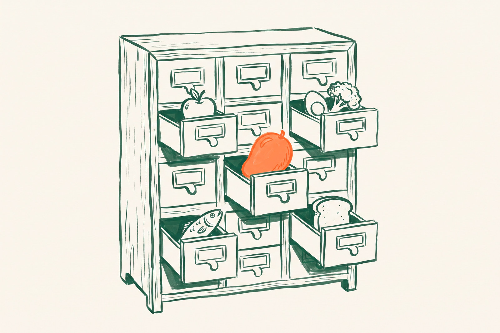 A wooden card-catalog cabinet with drawers pulled open, each holding a food instead of index cards: an apple, an egg, broccoli, a fish, bread and a mango