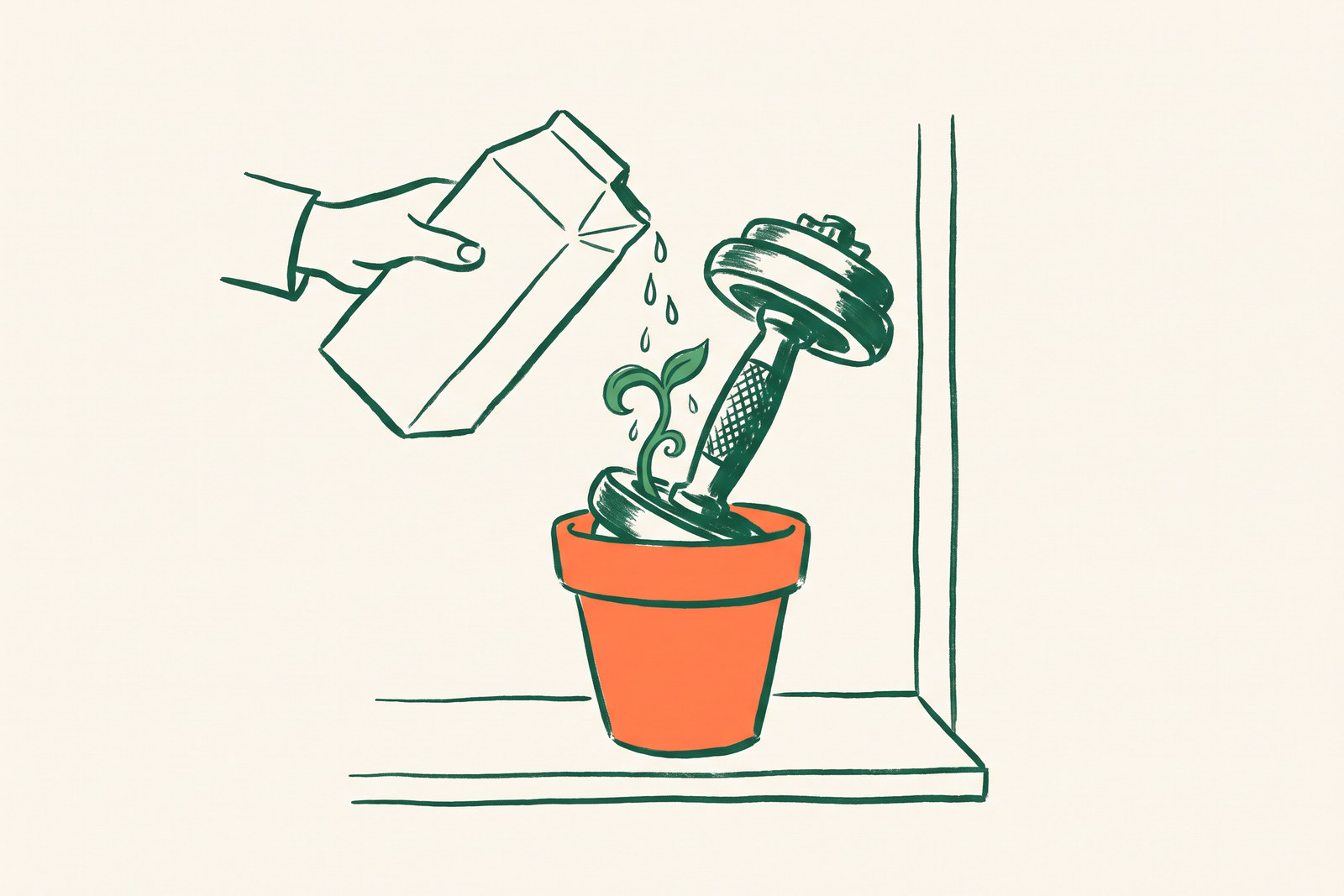 A dumbbell planted in a terracotta flowerpot with a green sprout growing from it, watered from a milk carton