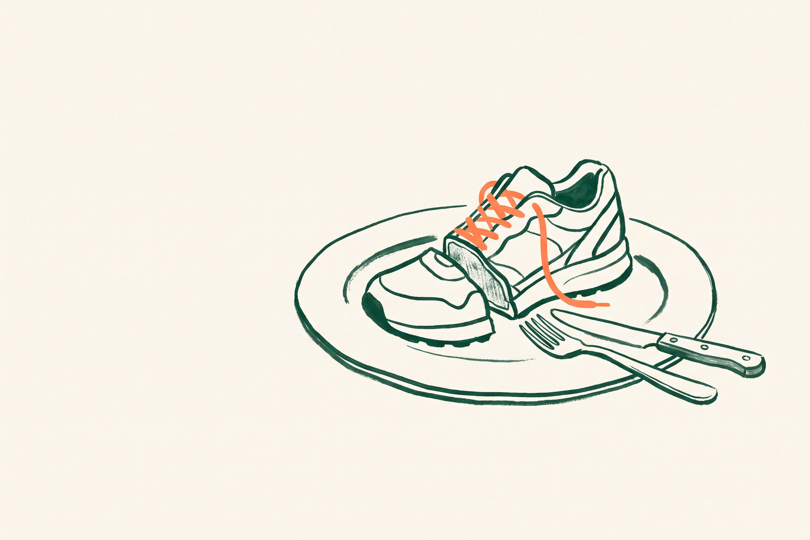 A running shoe served on a dinner plate like a steak, cut neatly in half, with a knife and fork beside it
