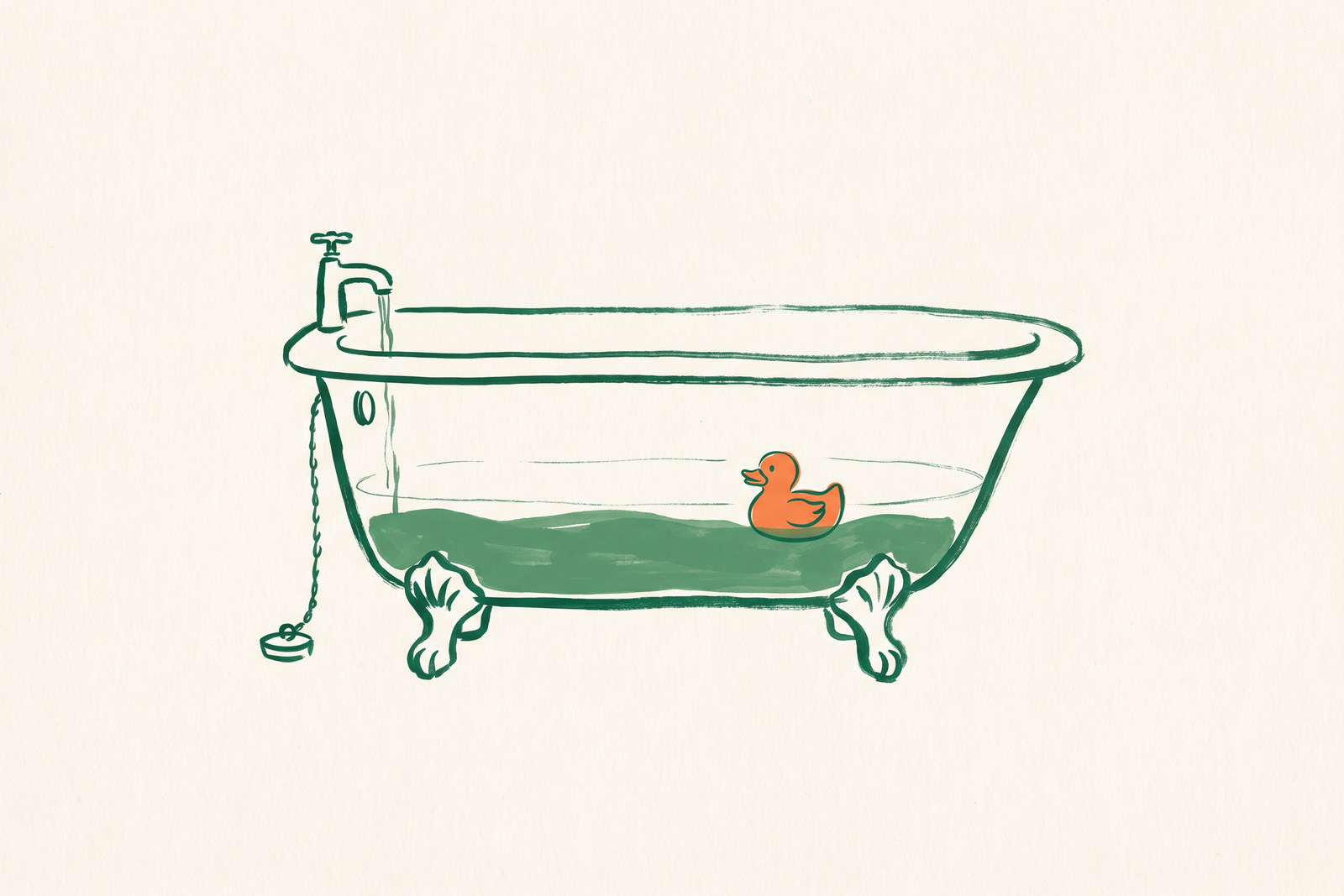 A clawfoot bathtub with a thin trickle from the tap, the plug pulled and a rubber duck floating below an earlier water line