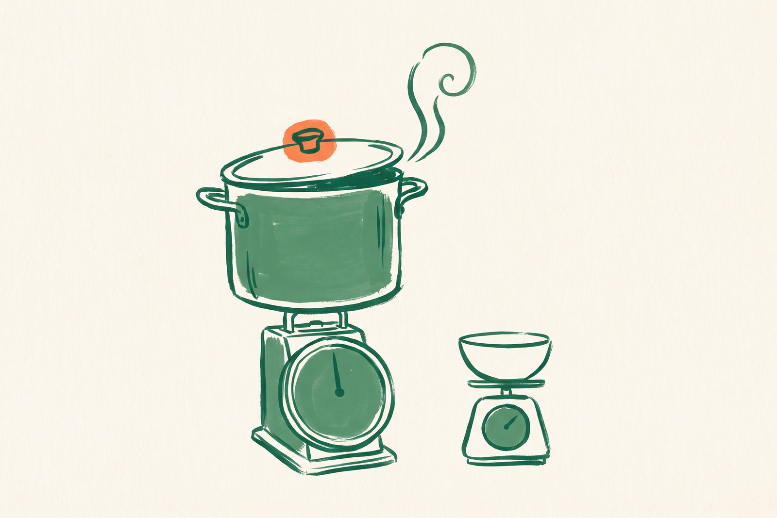A steaming stockpot standing on a bathroom scale, with a small bowl waiting its turn on a kitchen scale beside it