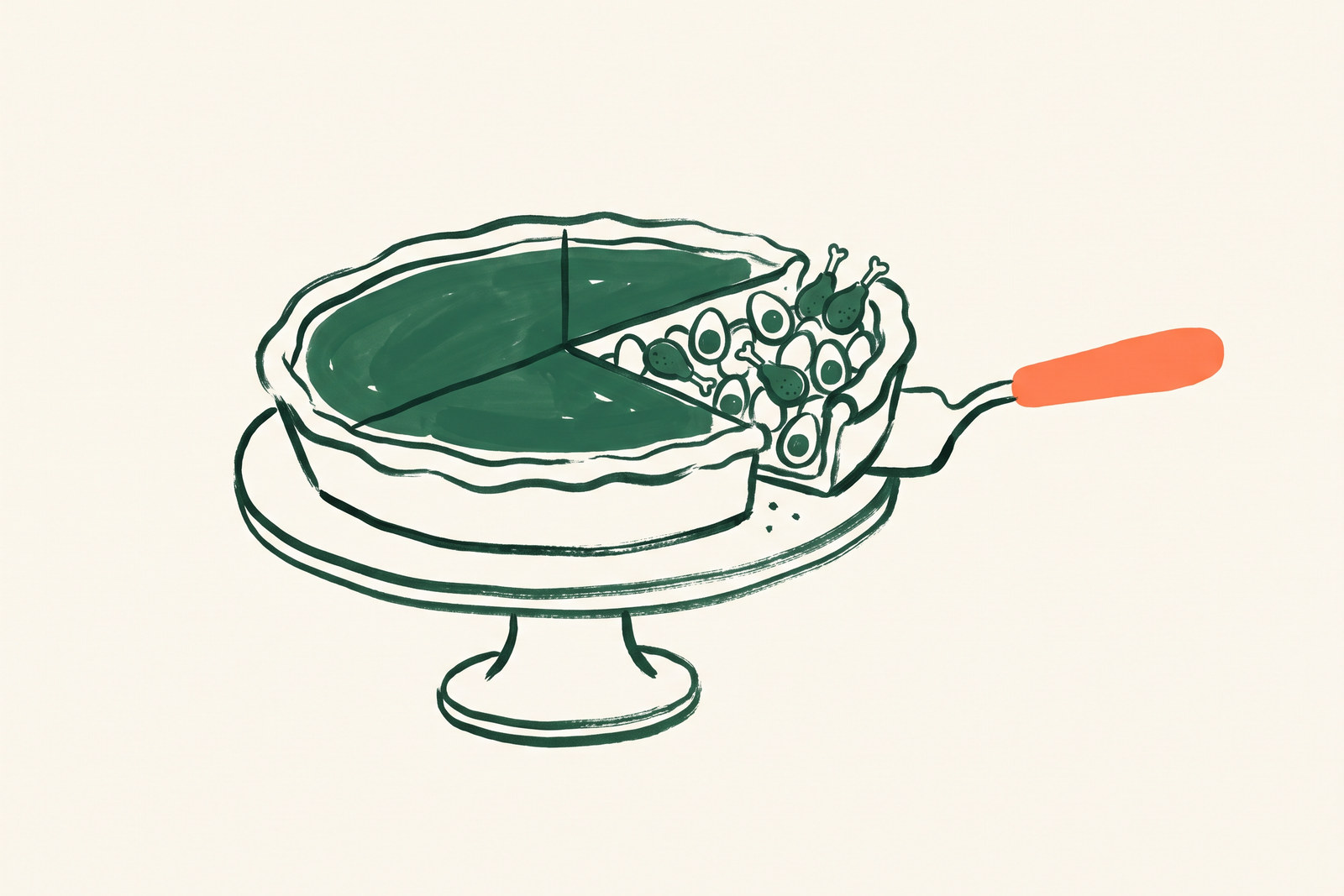 A pie on a cake stand cut into three slices, the narrowest filled with eggs and chicken drumsticks, with a pie server nudging it wider