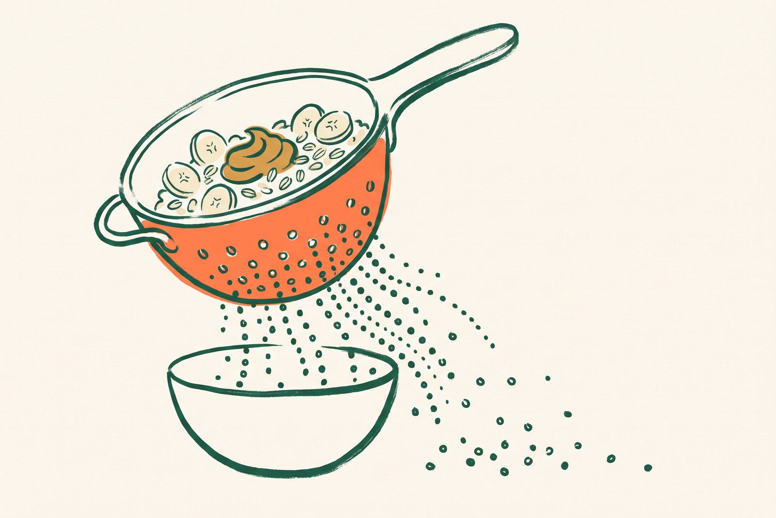 A colander holding oats, banana slices and peanut butter over a bowl, while tiny beads slip through its holes and scatter