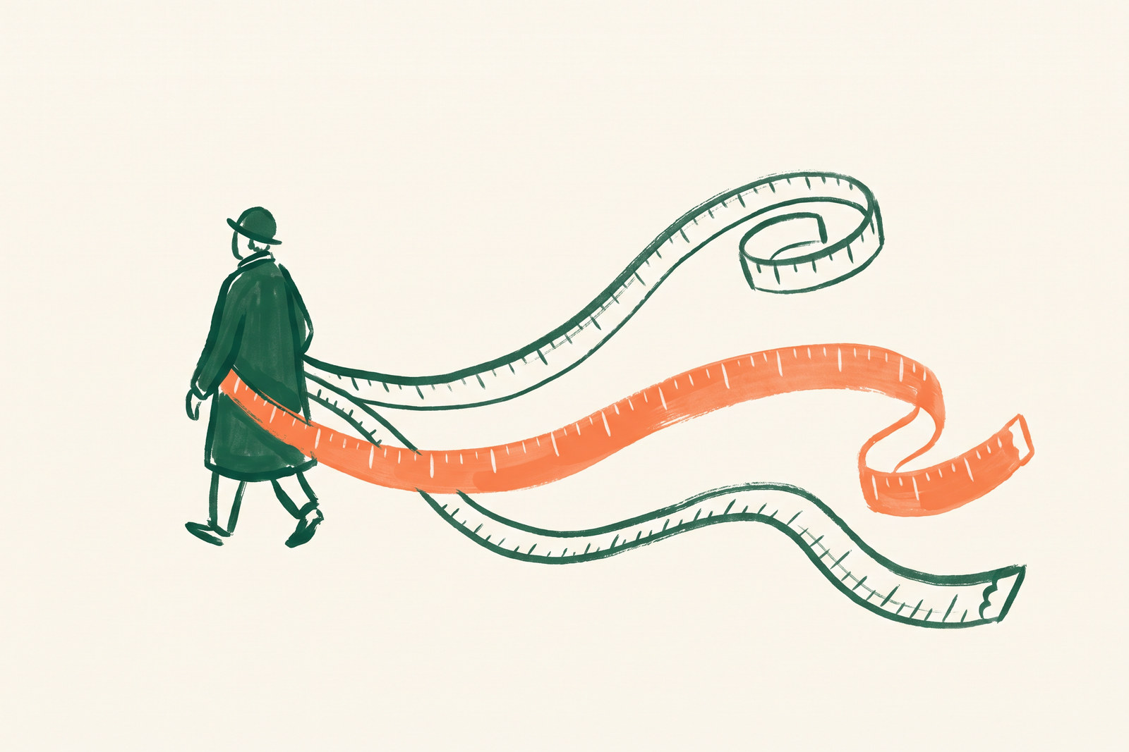 Una figura caminando con tres cintas métricas de distintas longitudes que cuelgan de su cintura