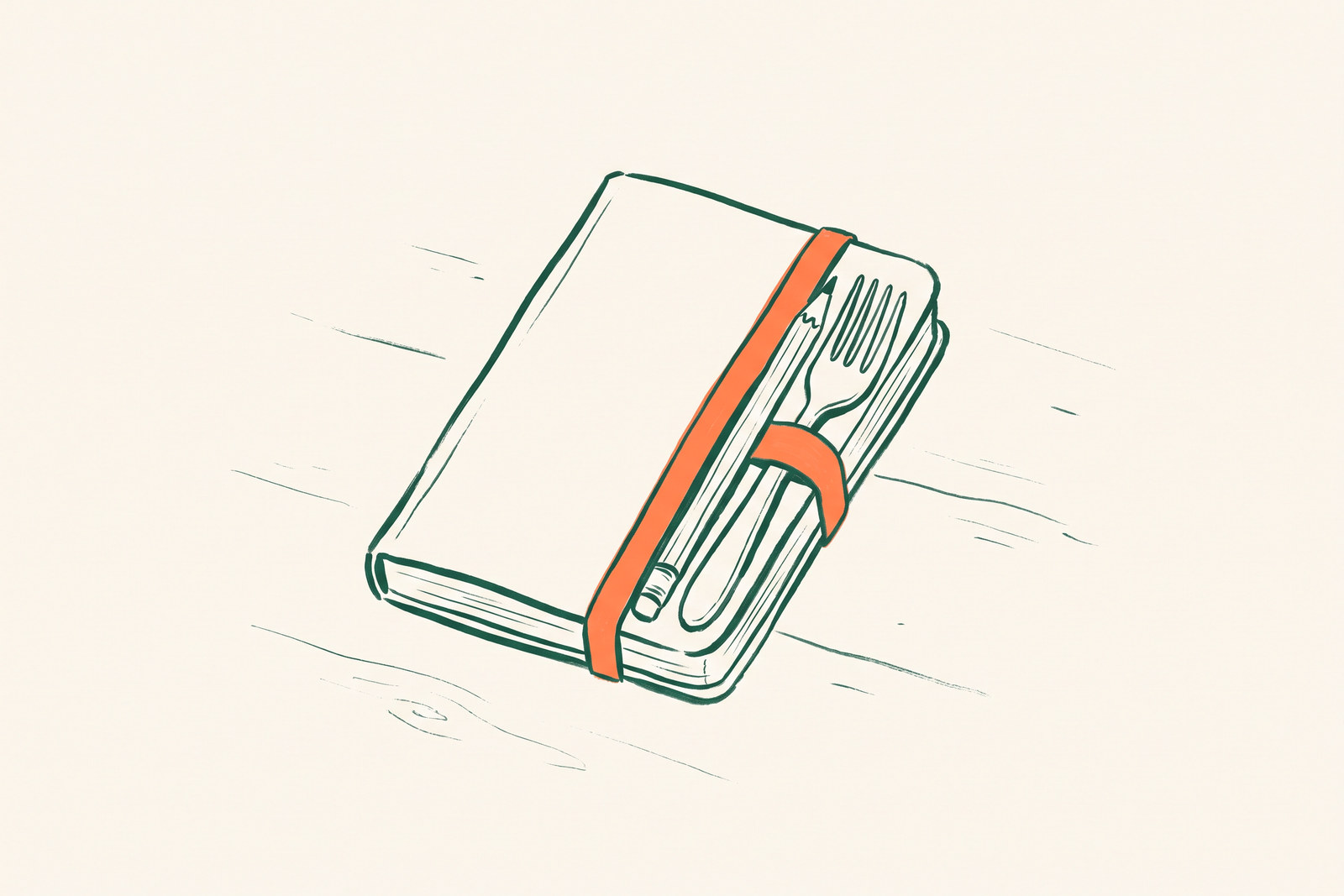 Un carnet de poche avec un crayon et une fourchette glissés sous son élastique